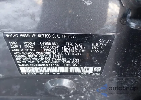 2020 Honda Hr-V Awd Lx from USA, damaged, VIN 3CZRU6H39LM714461
